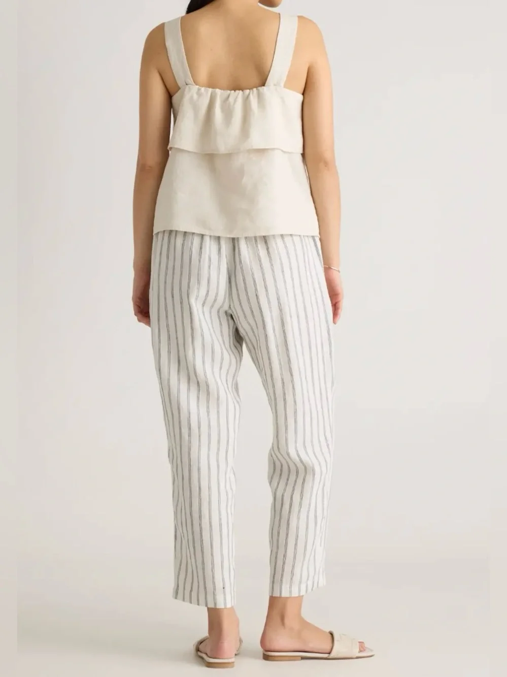 Quince Italian Linen Gray and White Striped Straight Leg Ankle Pants - Size XL